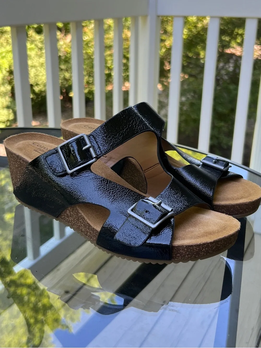 Comfortiva Gervaise Cork Wedge Sandals Black Women's 10 Wide Memory foam Buckle